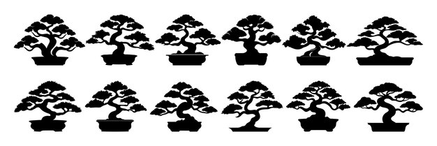 Силуэты деревьев бонсай установлены в большом пакете векторного дизайна силуэта изолированного белого фона