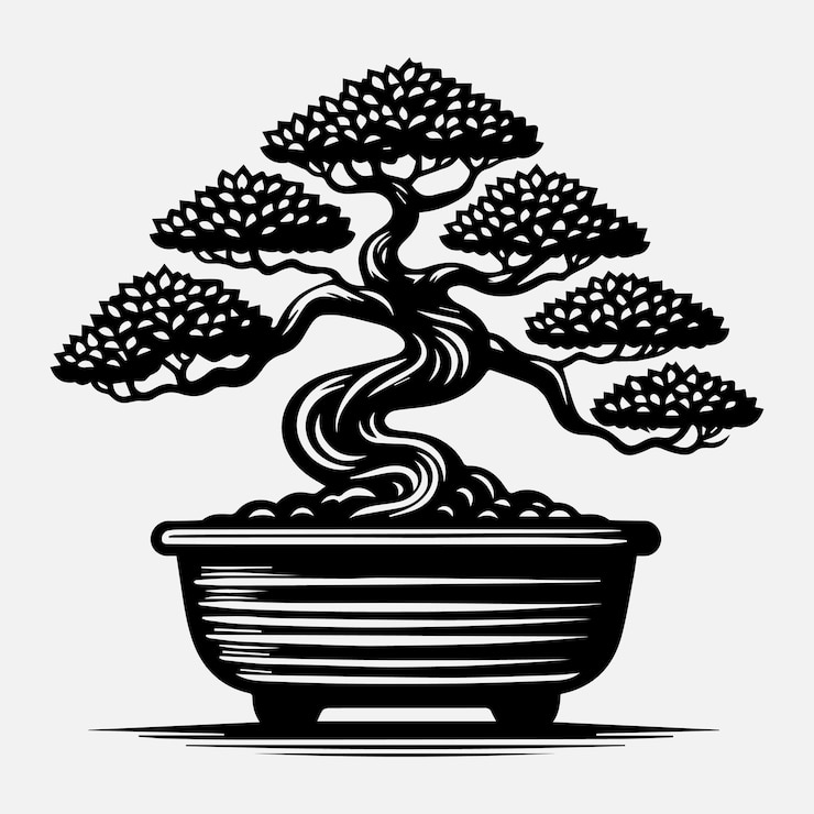 Vector bonsai tree vector illustration silhouette on white background in summer nature