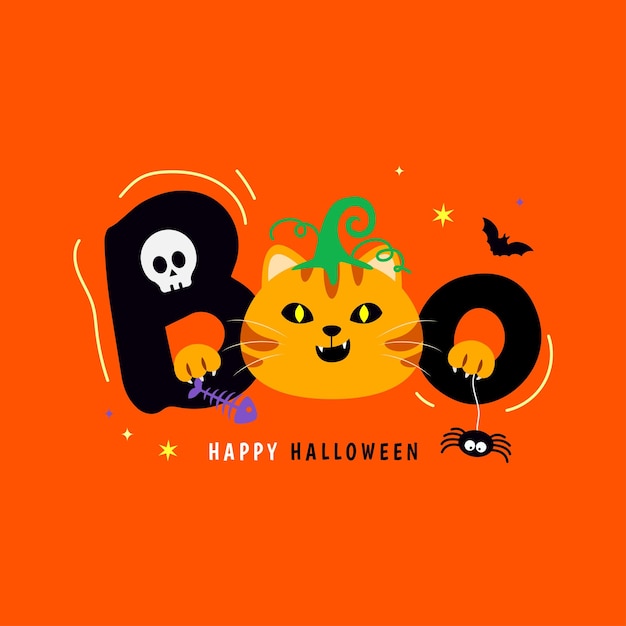 Boo happy halloween oranje cyperse kat kaart vector ontwerp