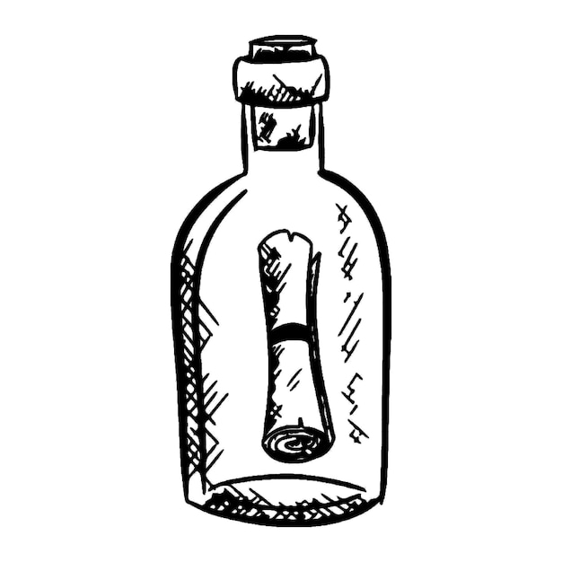 Vector boodschap in een fles met de hand getekende grafische illustratie inkt tekening vector eps-bestand