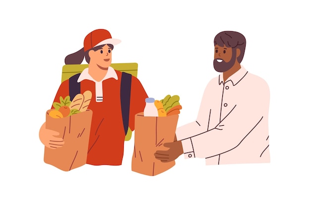 Vector boodschappen bezorgen. persoon die geleverde goederen uit de winkel ontvangt. koerier en klant met papieren zakken. bezorger die voedselproducten in pakketten geeft. platte vectorillustratie geïsoleerd op een witte achtergrond