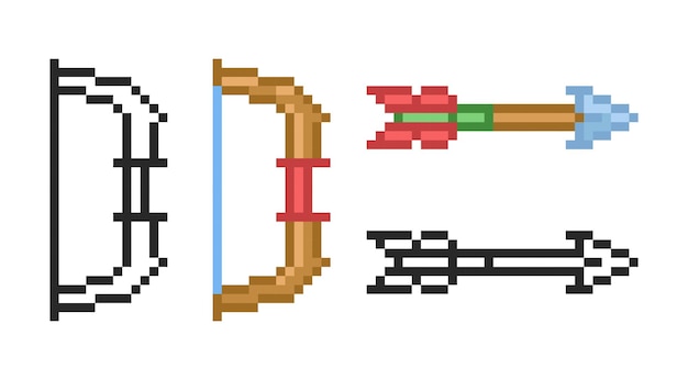 Vector boog en pijlpictogram in pixelstijl reeks retro korrelige pictogrammen