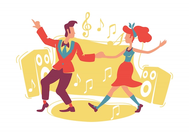 Vector boogie woogie dancing   web banner, poster. rock n roll dancers  characters on cartoon background.