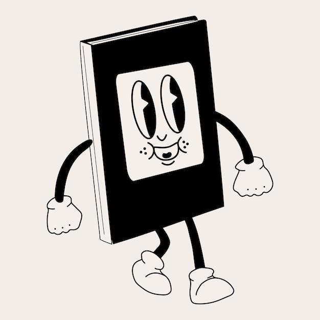 Book 30s cartoon mascot character 40s, 50s, 60s old animation style in black and white color