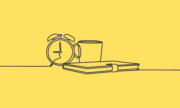 Book alarm clock pen and cup in single line art