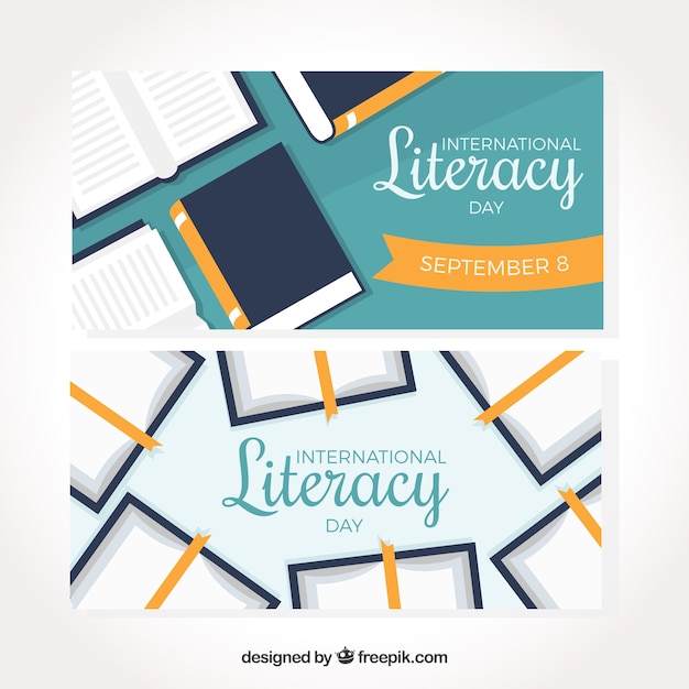 Vector book banners of literacy day in flat design