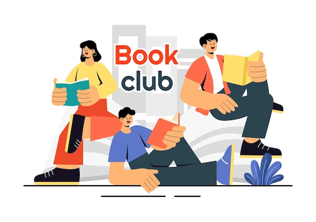 Book Club Vector Illustration met een groep mannen en vrouwen die samen lezen, literatuur delen en onderwijs en zelfontwikkeling bevorderen
