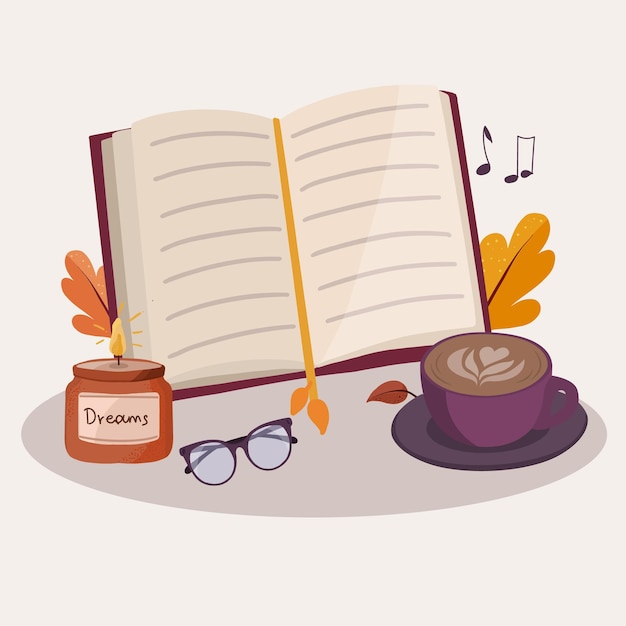 a book coffee jam glasses and a pen on a table