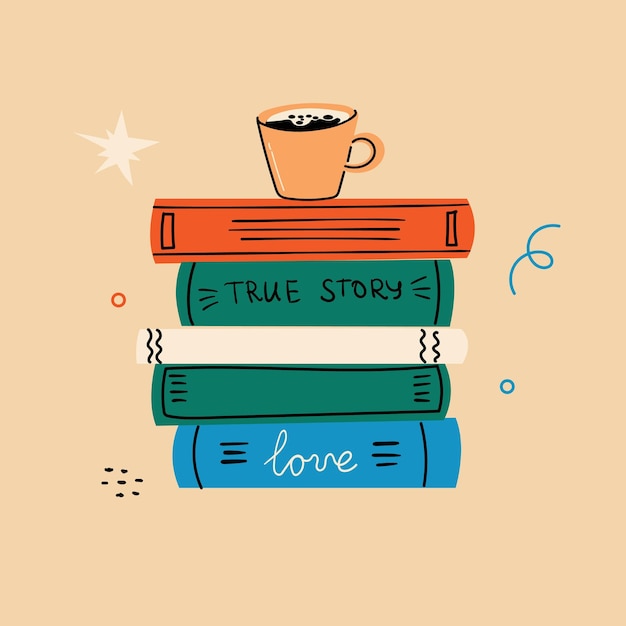 Book concept card Happy readers reading books and flying laying sitting everywhere