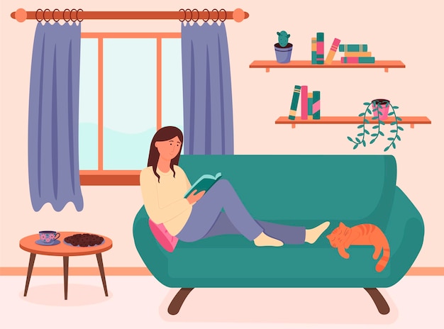 Concetto di libro. una giovane donna sta leggendo un libro sul divano. illustrazione vettoriale in stile piatto.