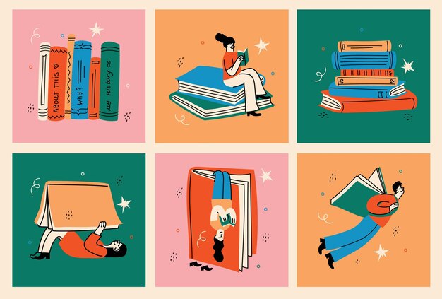 Vector book concepts set happy readers reading books retro vector illustrations