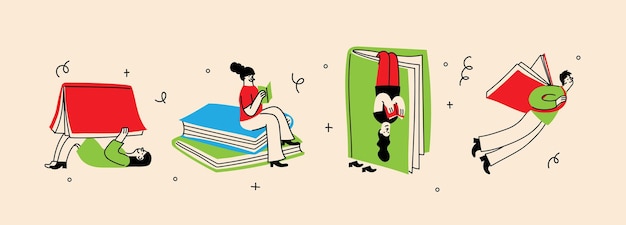 Vector book concepts set happy readers reading booksretro vector illustrations