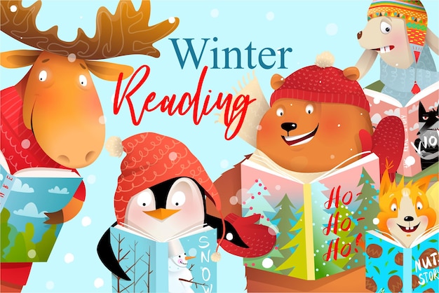 Design della copertina del libro per bambini, animali che leggono fiabe natalizie invernali o studiano.