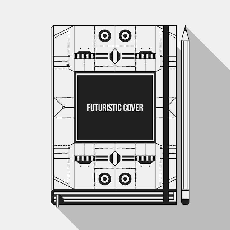 Vector book cover design template. notebook mockup. geometric futuristic elements.
