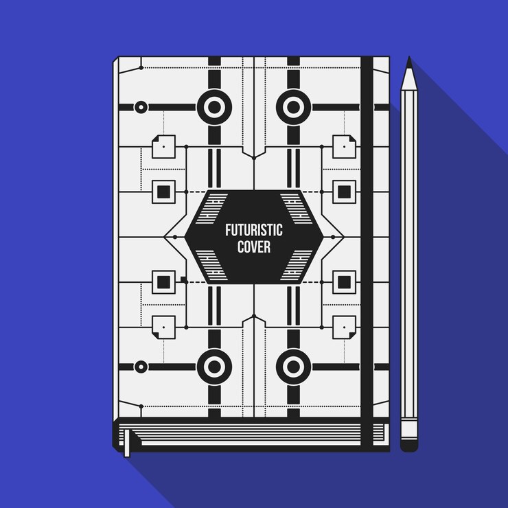 Vector book cover design template. notebook mockup. geometric futuristic elements.