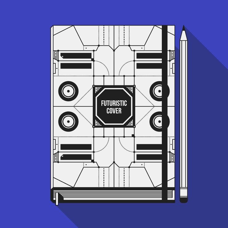 Vector book cover design template. notebook mockup. geometric futuristic elements.