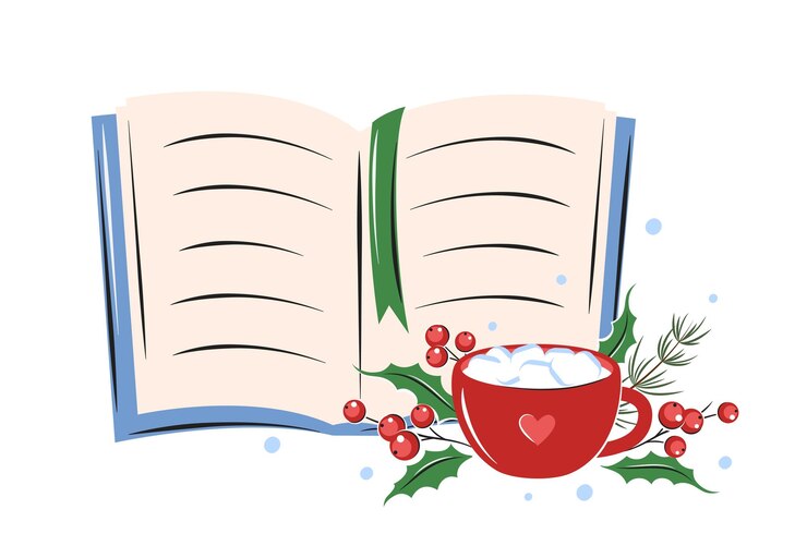 Vector book cup coffee or cocoa with winter leaves and and berries on white background