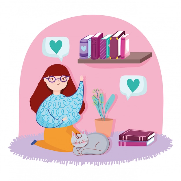 Vector book day, teen girl with books potted plant and