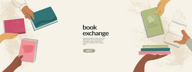 책 교환 방문 페이지 템플릿 또는 Bookcrossing 벡터 일러스트 배너 교육 및 지식 개념 책을 들고 다양한 손 스왑 문학