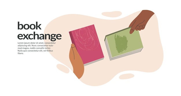 Book exchange landing template or bookcrossing vector illustration banner swap literature event library day culture festival education and knowledge concept diverse hands holding books