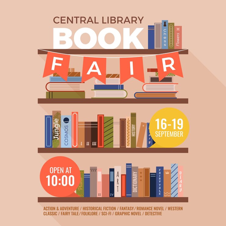 Vector book fair or festival square poster for advertising promo invitation sale shelves with books