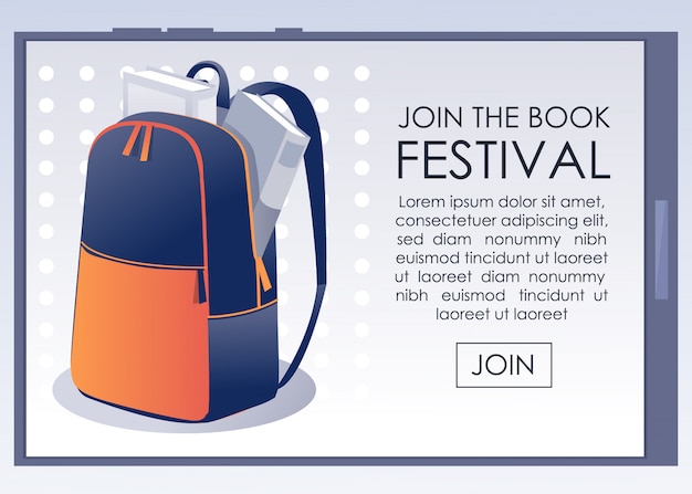 Vector book festival flat announcement on mobile screen