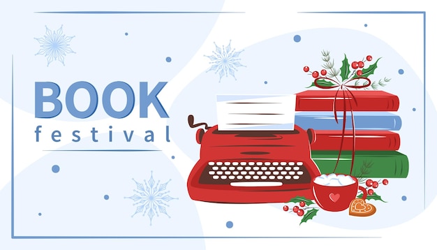 Book festival layout design for bookstore library books with winter holiday decor