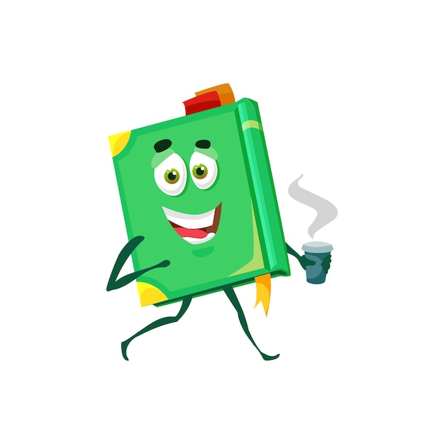 Vector book in hard cover cartoon character with coffee