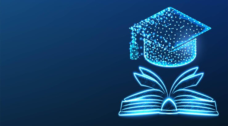 Вектор книга и шляпа образование и концепция обратно в школу абстрактный низкополигональный каркасный дизайн сетки на темно-синем фоне векторная иллюстрация