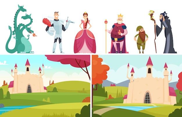 Vector book heroes. fairy tale stories, castle landscapes dragon prince and princess. royal family vector characters. illustration fairy tale cartoon, story medieval