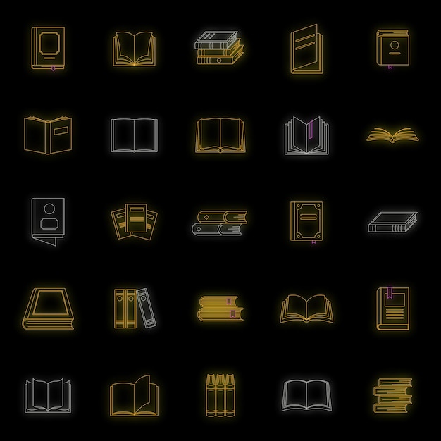 Book icons set Outline illustration of 25 book vector icons neon color on black