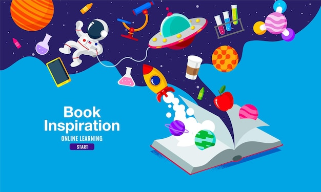 Vector book inspiration, online learning, study from home, back to school, flat design