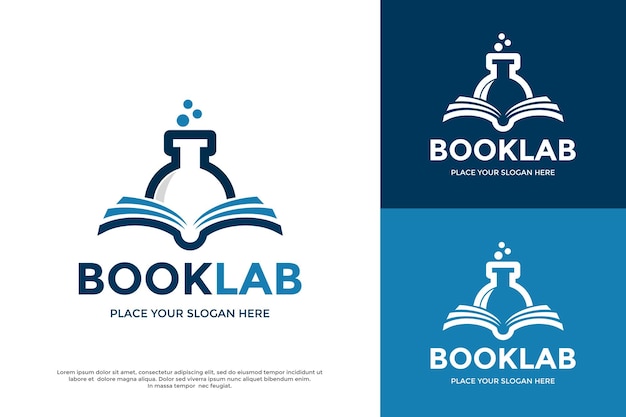 Book Lab Logo Vector 이 디자인은 교육에 적합한 비커와 열린 책을 사용합니다.