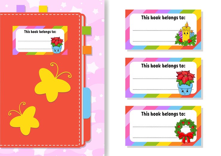Vector book label stickers for kids the rectangular shape cartoon character for the diary notebook book isolated on white background illustration