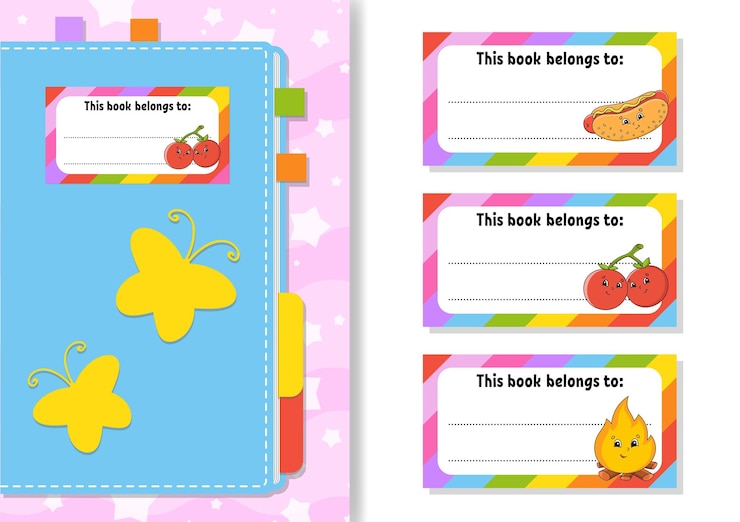 Vector book label stickers for kids the rectangular shape cartoon character for the diary notebook book