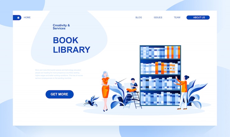 Vector book library landing page template with header
