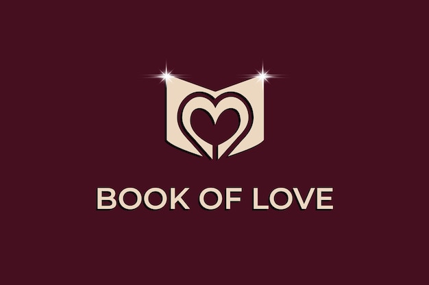 Книга любви и концепция логотипа M с формой сердца.