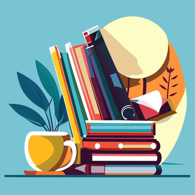 book lover composition with stack of colorful books with eyeglasses home plants and tea cup vector