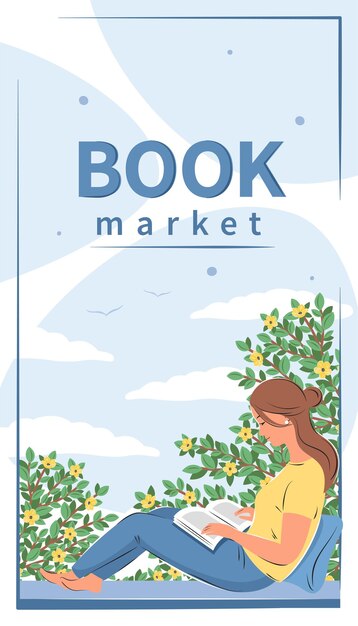 Vector book market woman reading book and sitting at the spring window