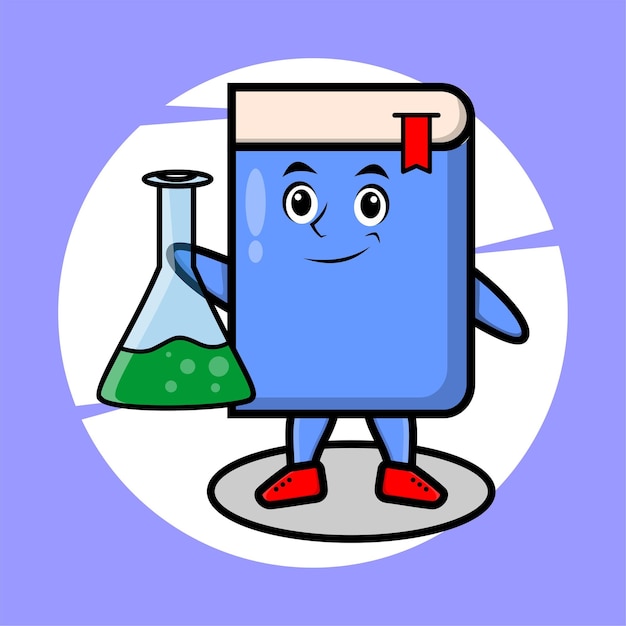 Vector book mascot character as scientist with chemical reaction glass cute style design