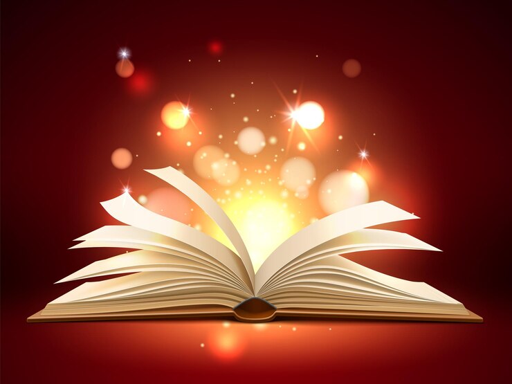 Vector book mystic light. realistic opened magic pages with shining and glowing particles, fairy tale, education and entertainment literature, miracle story, banner or poster template vector isolated concept