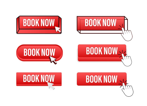 Vector book now button with pointer clicking book now web buttons set user interface element in flat styl