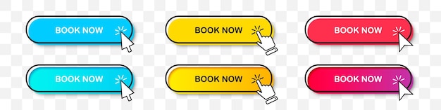 Book now buttons collection with cursor pointer in two styles. flat design and gradient with shadow. set of digital web button on a transparent background