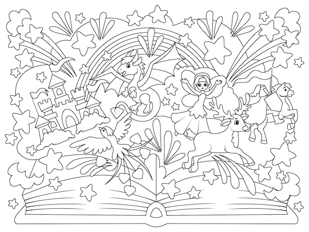 Вектор Книга сказок со сказочными персонажами раскраска страницы книги животные мультфильм раскраска