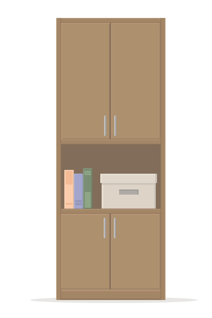 Book office storage cabinet made of wood on white background isolated vector graphic