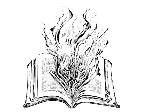 Книга открыта и горит в огне, нарисованная вручную векторная иллюстрация