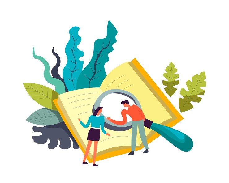 Vector book and people doing researches with magnifying glass 