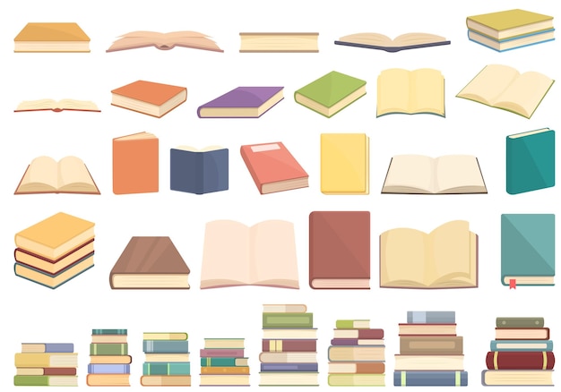 Icone di pubblicazione del libro impostate vettore di cartoni animati biblioteca scolastica