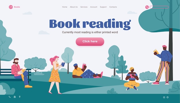 Book reading topic website with people reading in park vector illustration