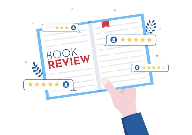 Vettore illustrazione della recensione del libro con feedback dei lettori per analisi e commenti sulle pubblicazioni